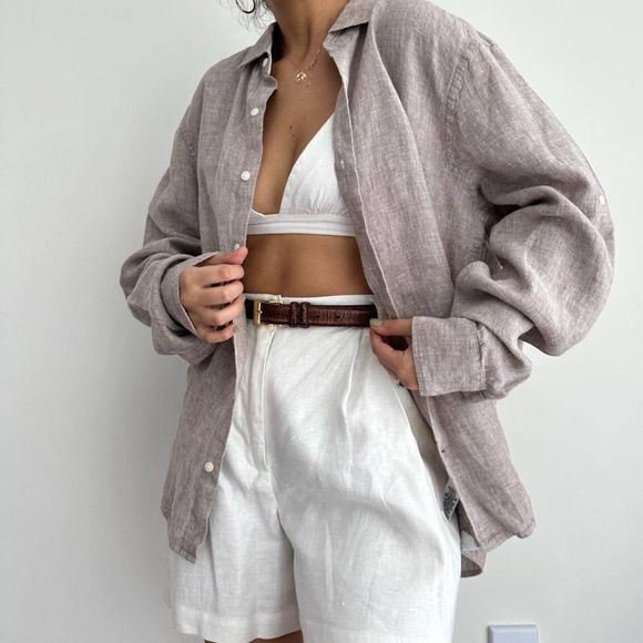 Linen Coastal Oversized Neutral Linen Button Down Shirt L - Picture 4 of 7